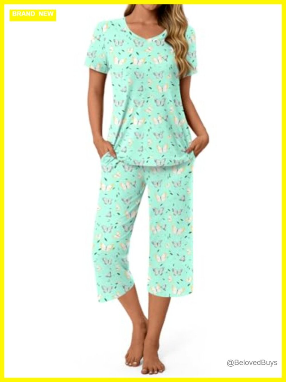 Women's Pajama Set Soft Capri Loungwear with Pockets V-Neck Sleepwear